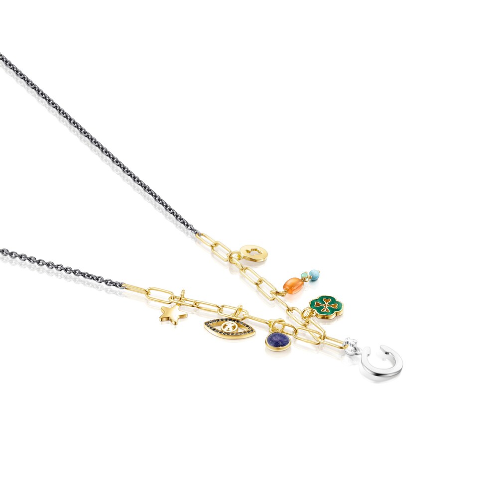 Silver Vermeil and Dark Silver TOUS Good Vibes charms Necklace with Gemstones