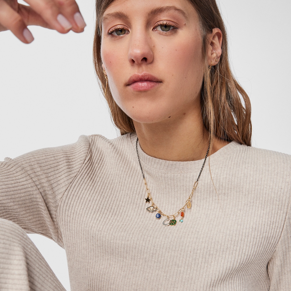 Silver Vermeil and Dark Silver TOUS Good Vibes charms Necklace with Gemstones