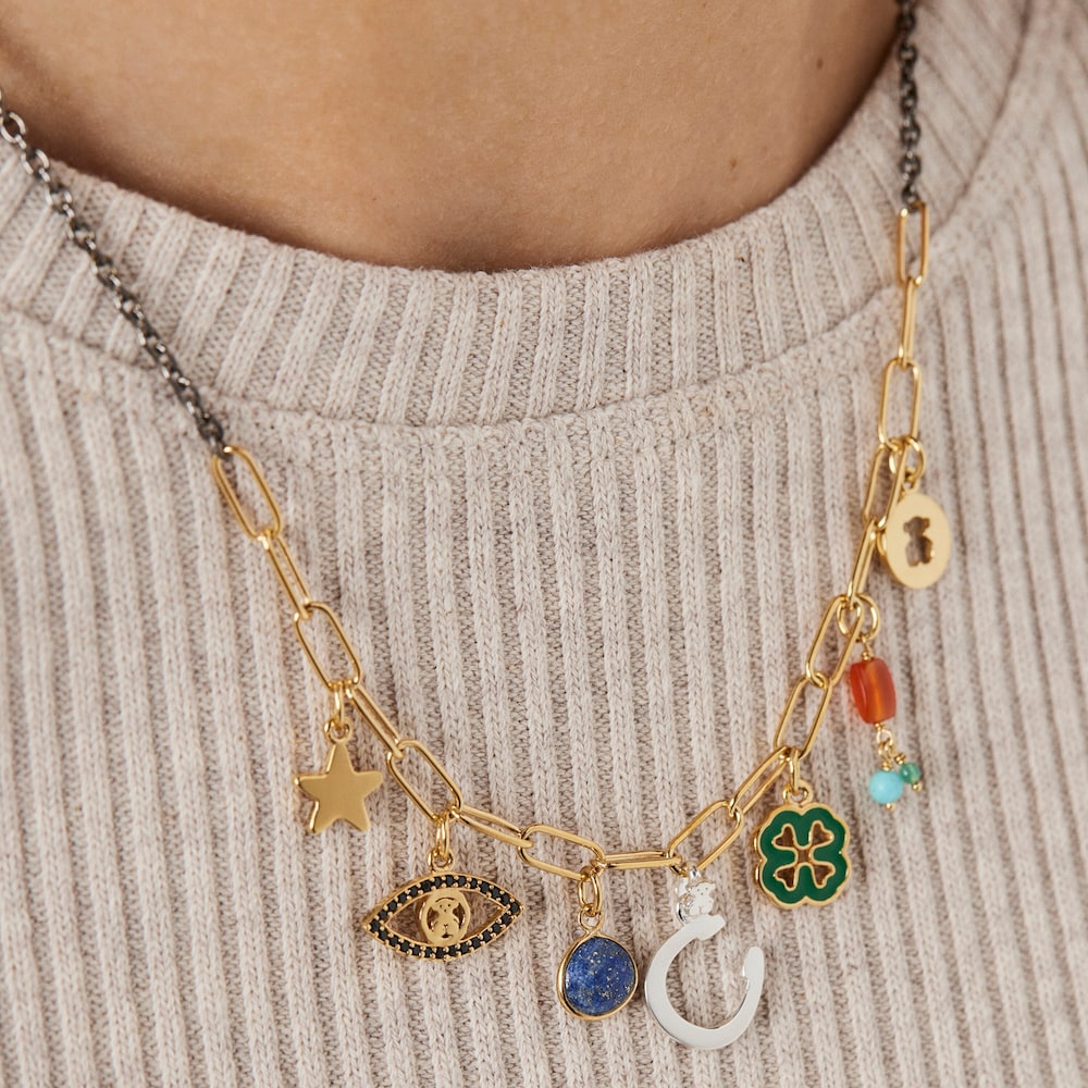 Silver Vermeil and Dark Silver TOUS Good Vibes charms Necklace with Gemstones