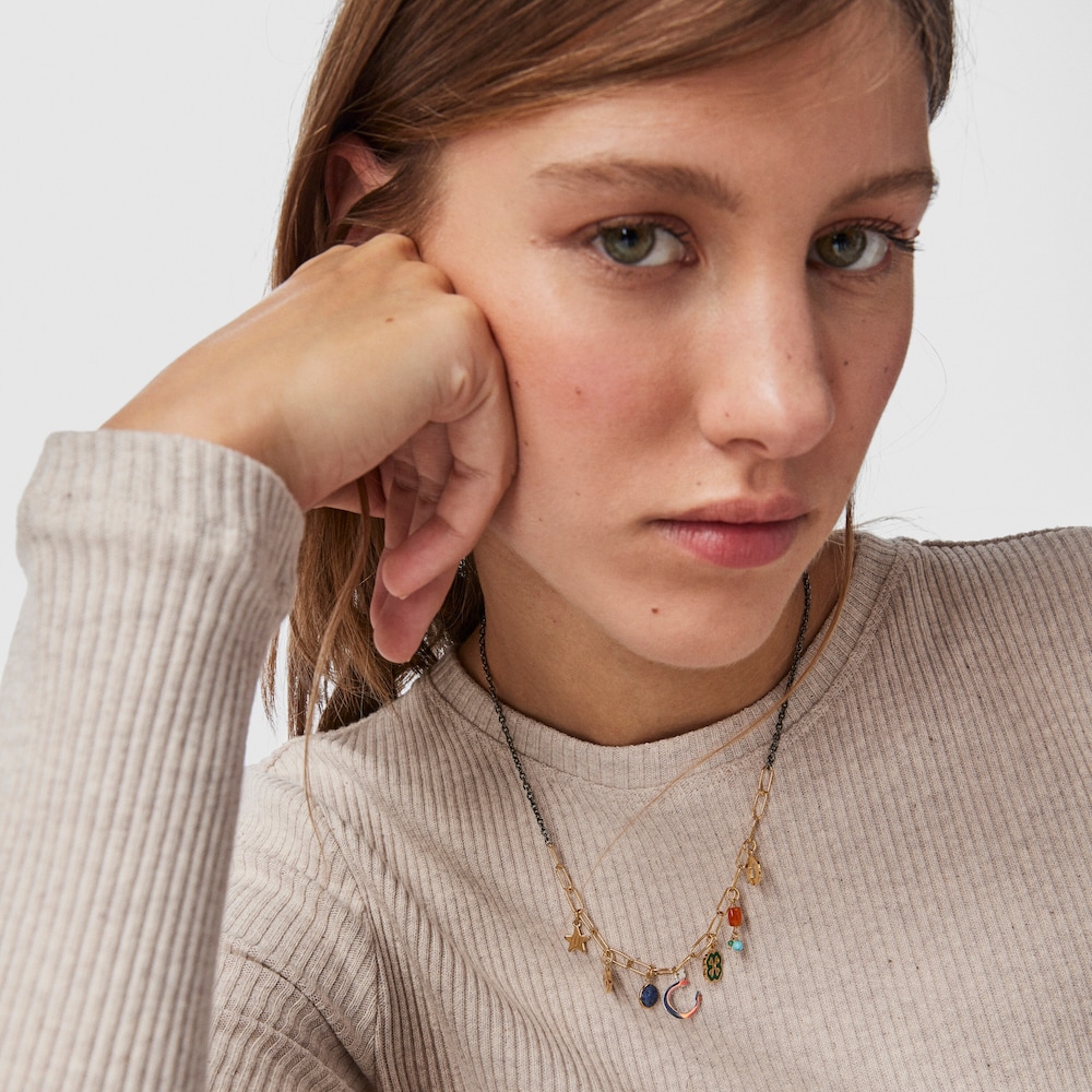 Silver Vermeil and Dark Silver TOUS Good Vibes charms Necklace with Gemstones