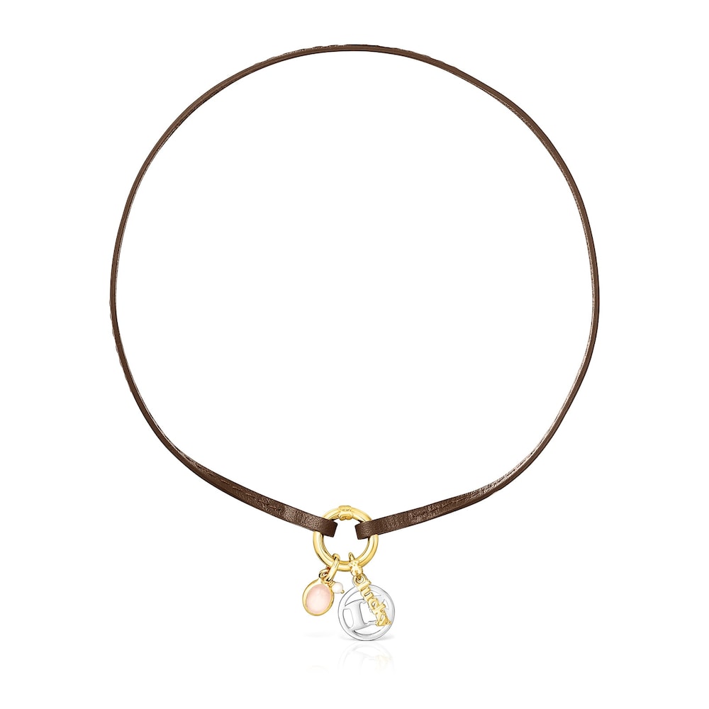 Collar TOUS Good Vibes 13 de plata, cuarzo rosa y cuero marr&oacute;n