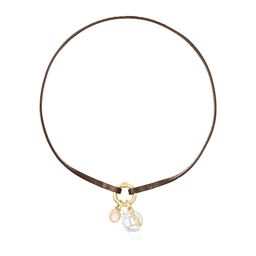Collar TOUS Good Vibes 13 de plata, cuarzo rosa y cuero marr&oacute;n