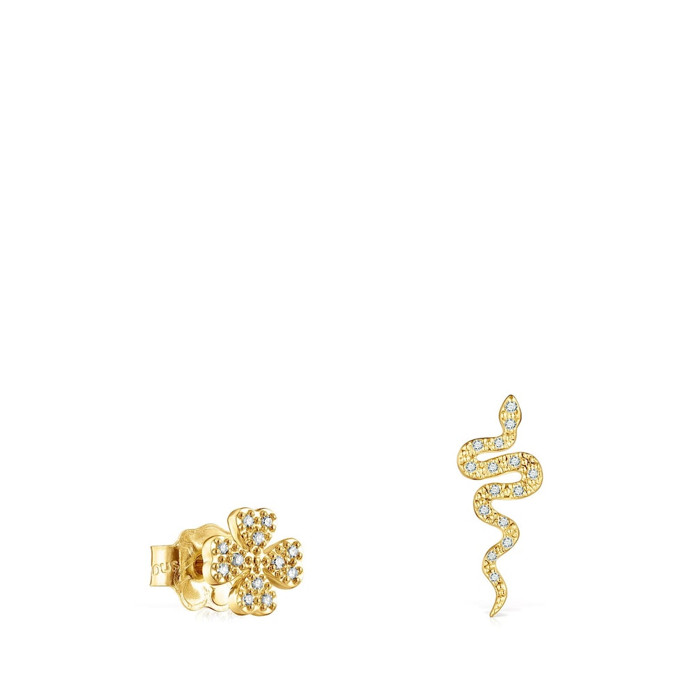 Aretes TOUS Good Vibes tr&eacute;bol - serpiente de oro y diamantes