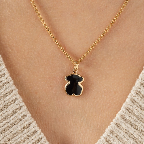 Pendentif TOUS Good Vibes ourson en Argent Vermeil et Onyx