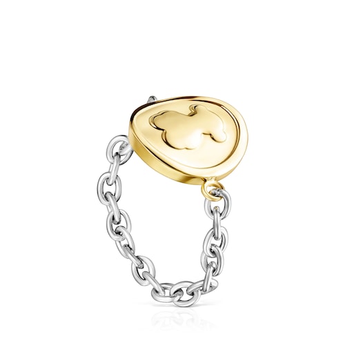 Two-toned Steel TOUS Good Vibes chain Ring Bear motif