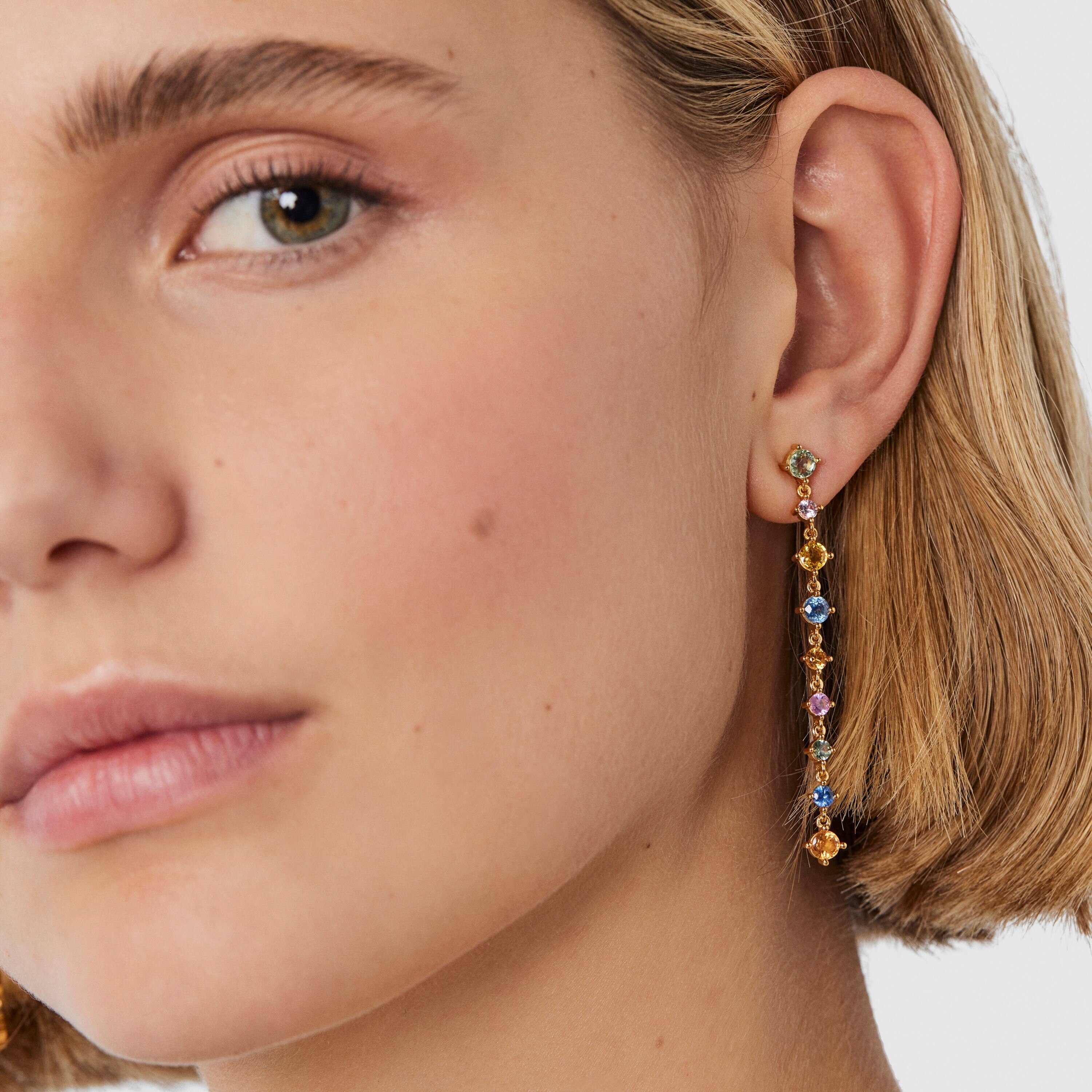 Long Silver Vermeil Glaring Earrings with multicolored Sapphires