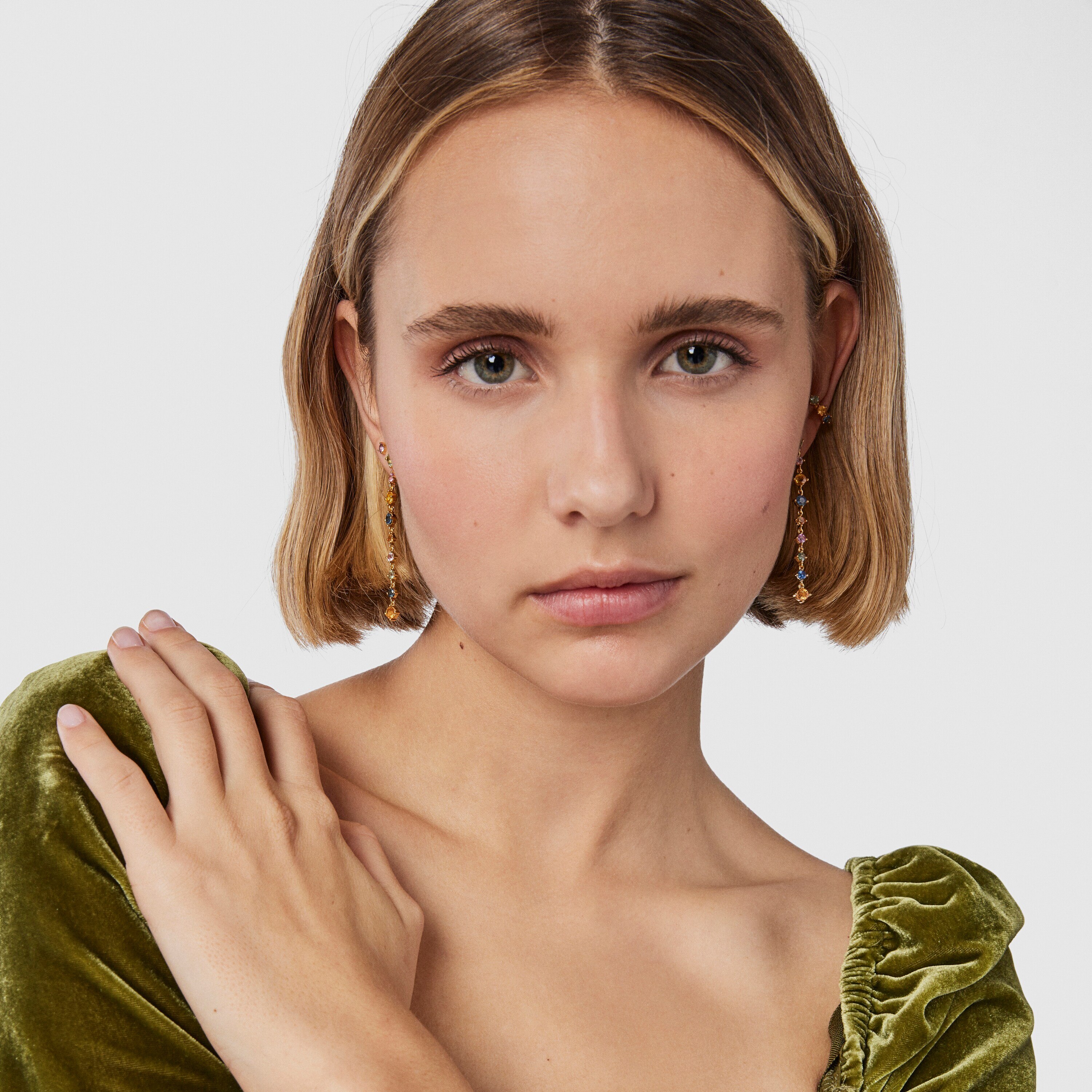 Long Silver Vermeil Glaring Earrings with multicolored Sapphires