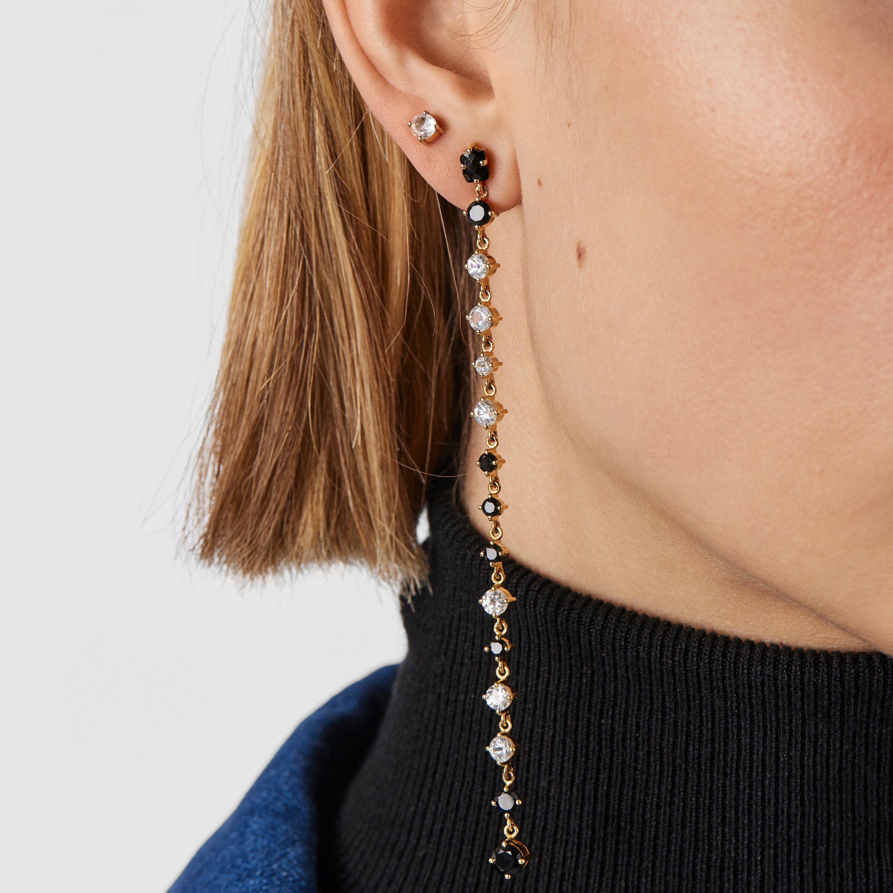 Short/long Silver Vermeil Glaring Earrings with Onyx and Zirconia