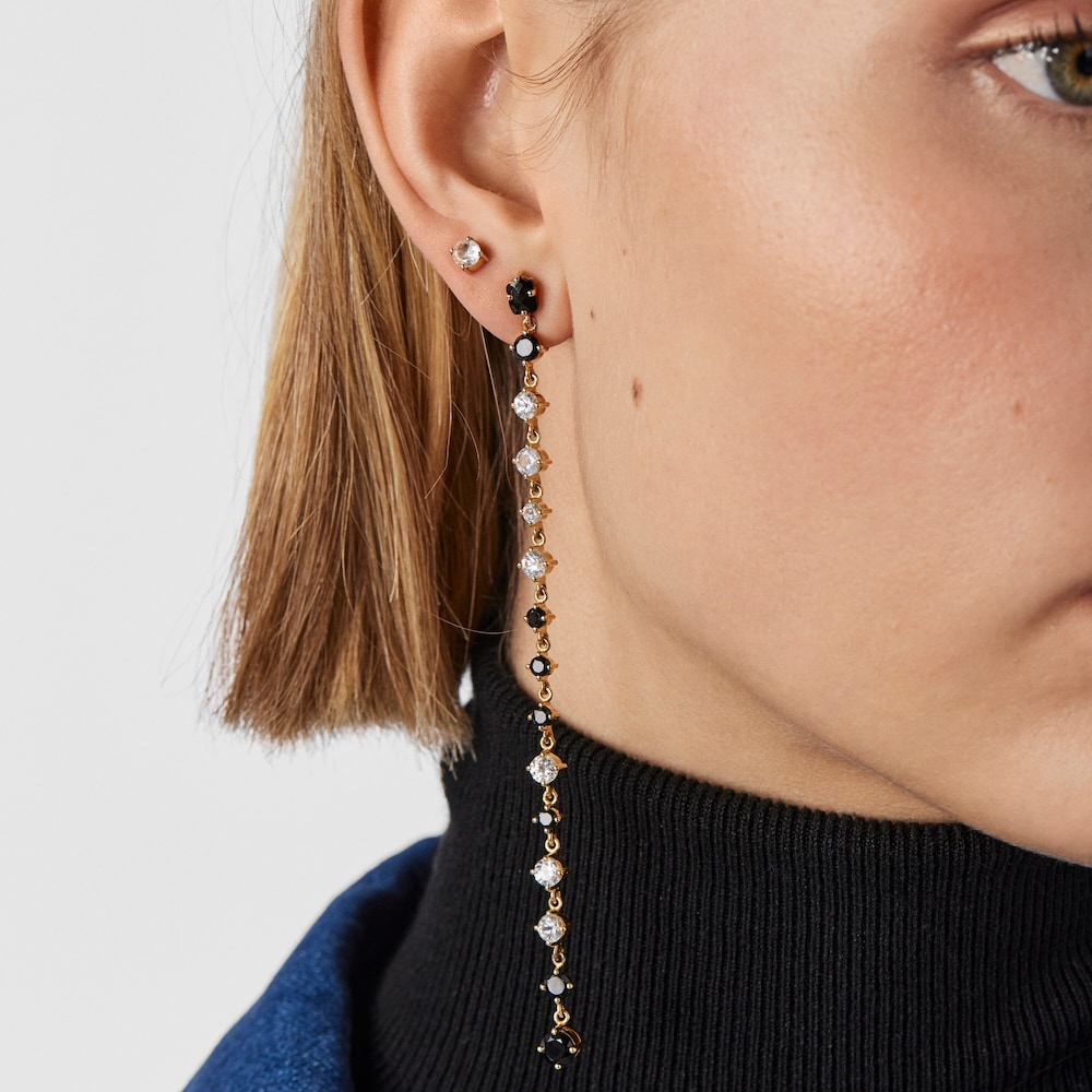 Short-long Silver Vermeil Glaring Earrings with Onyx and Zirconia