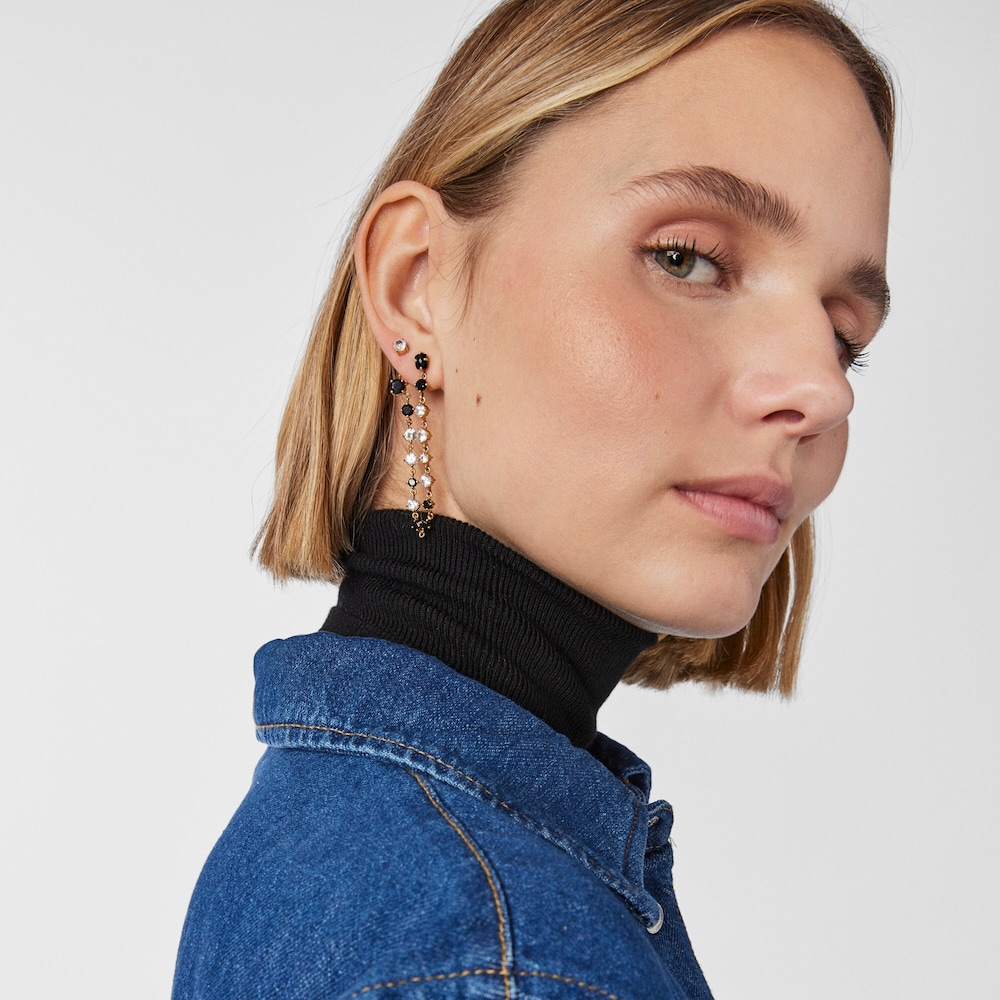 Short-long Silver Vermeil Glaring Earrings with Onyx and Zirconia