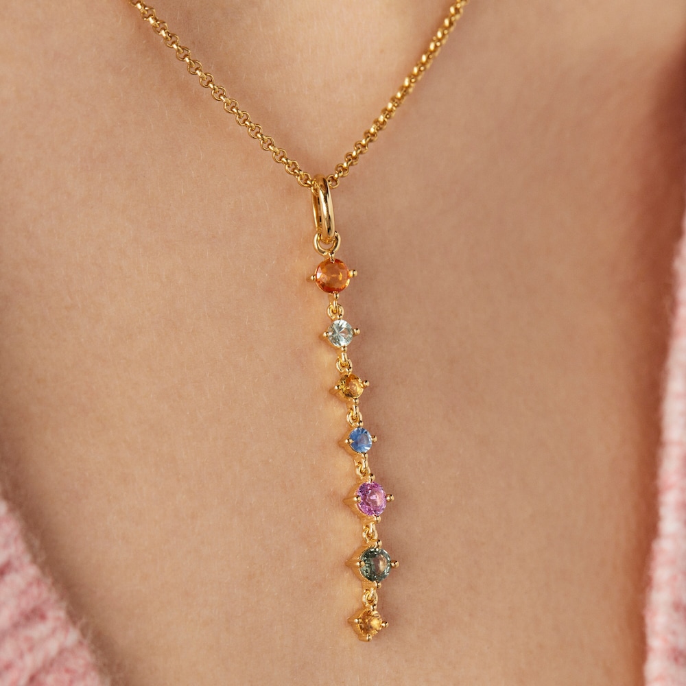 Long Silver Vermeil Glaring Pendant with multicolored Sapphires