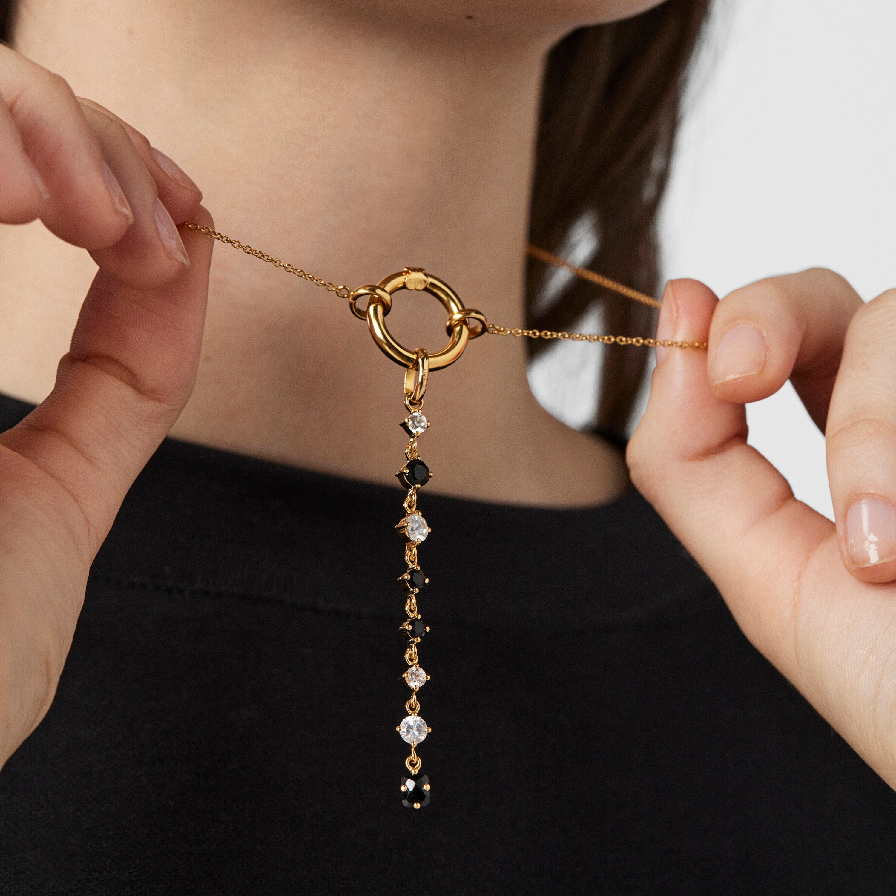 Long 18K gold vermeil Glaring Pendant with Onyx and Zirconia