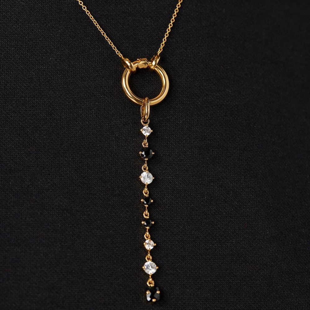 Long Silver Vermeil Glaring Pendant with Onyx and Zirconia