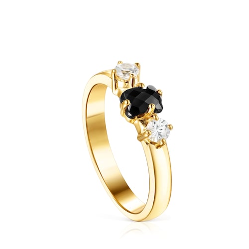 Anillo de plata vermeil con ónix y zircón motivo oso Glaring