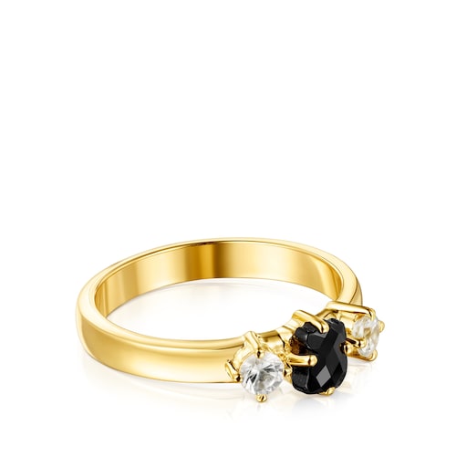 Anillo de plata vermeil con ónix y zircón motivo oso Glaring