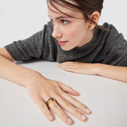 Anillo de plata vermeil con ónix y zircón motivo oso Glaring