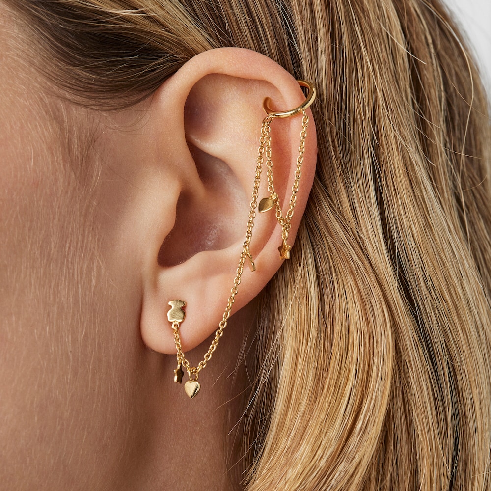 Earcuff&nbsp;con ba&ntilde;o de oro 18 kt sobre plata, con oso, estrella y coraz&oacute;n Cool Joy