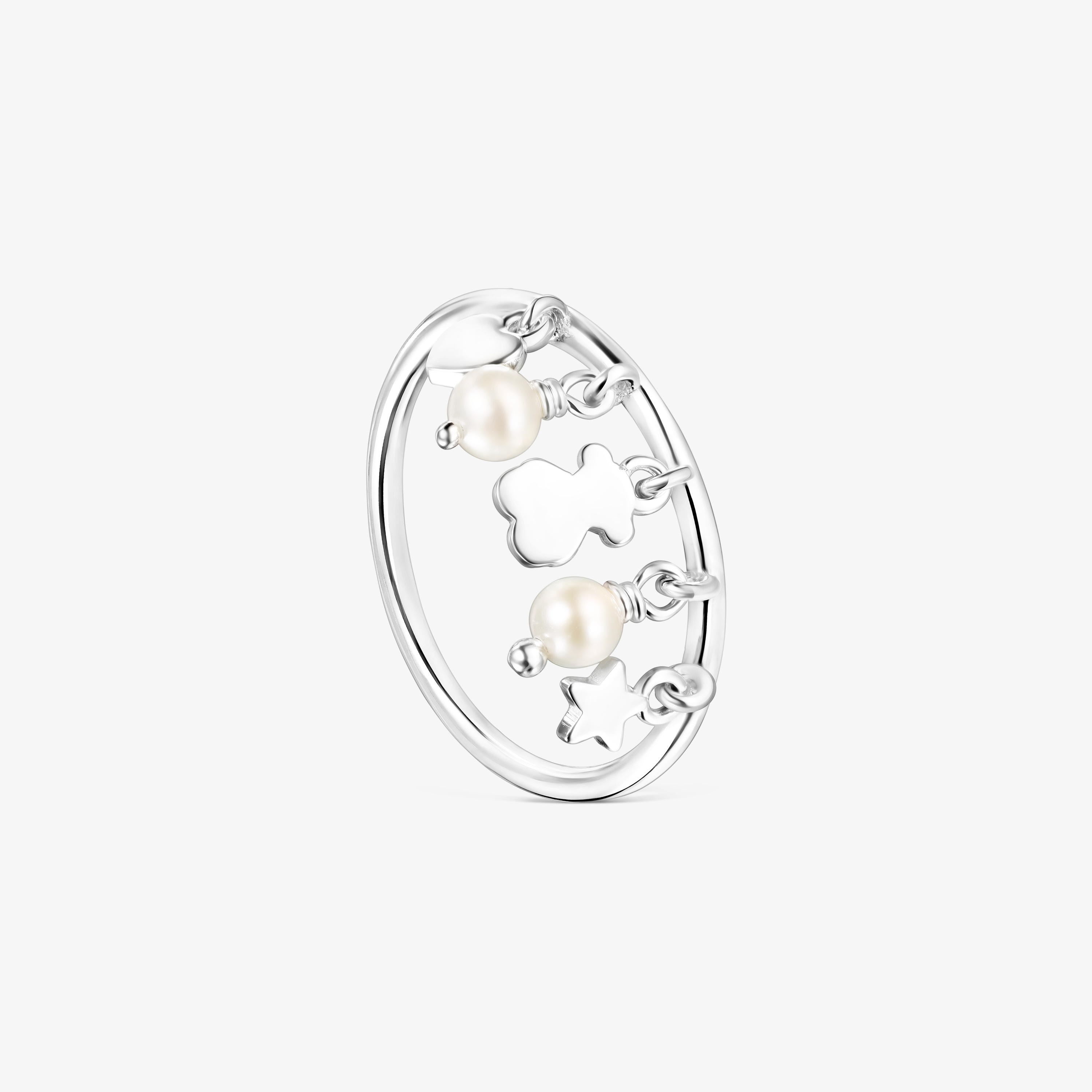 Silver and Pearls TOUS Cool Joy Ring with Bear, Heart Star motifs