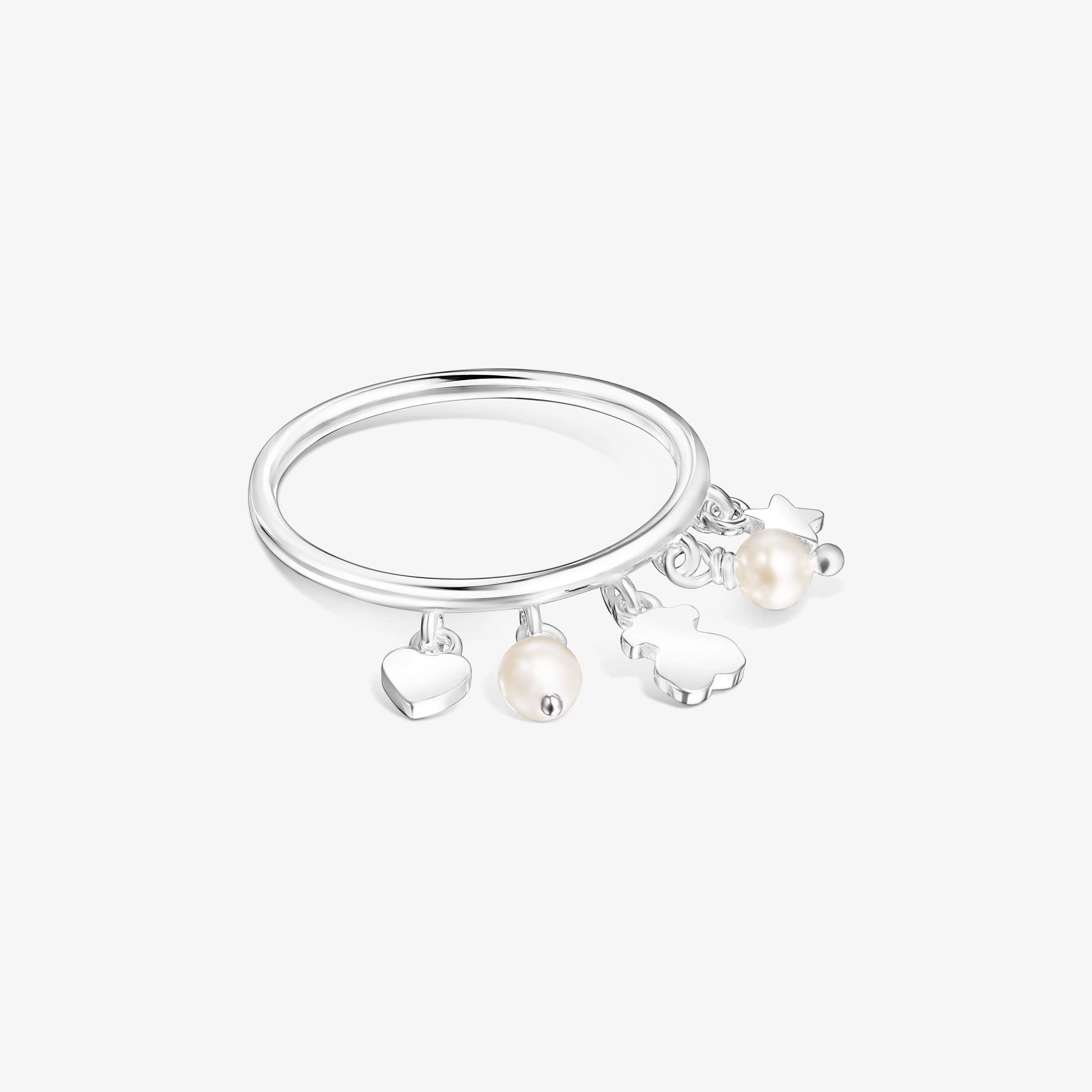 Silver and Pearls TOUS Cool Joy Ring with Bear, Heart Star motifs