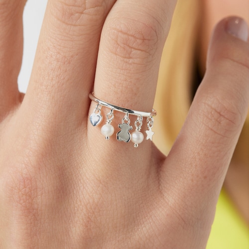 Silver and Pearls TOUS Cool Joy Ring with Bear, Heart and Star motifs