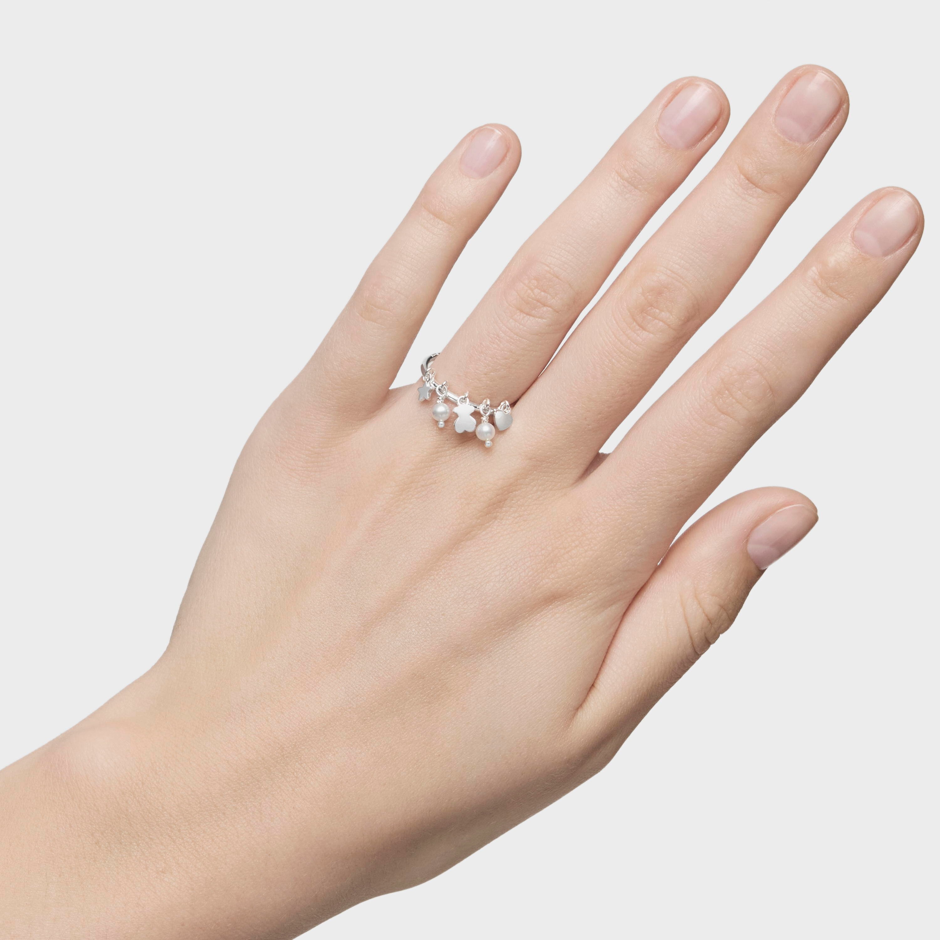 Silver and Pearls TOUS Cool Joy Ring with Bear, Heart Star motifs