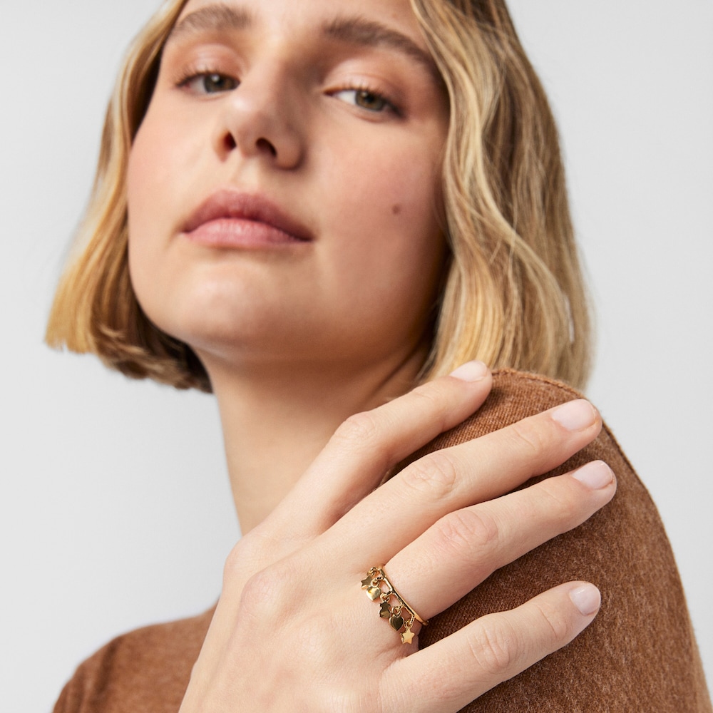 Anillo con ba&ntilde;o de oro 18 kt sobre plata motivos oso, coraz&oacute;n y estrella Cool Joy