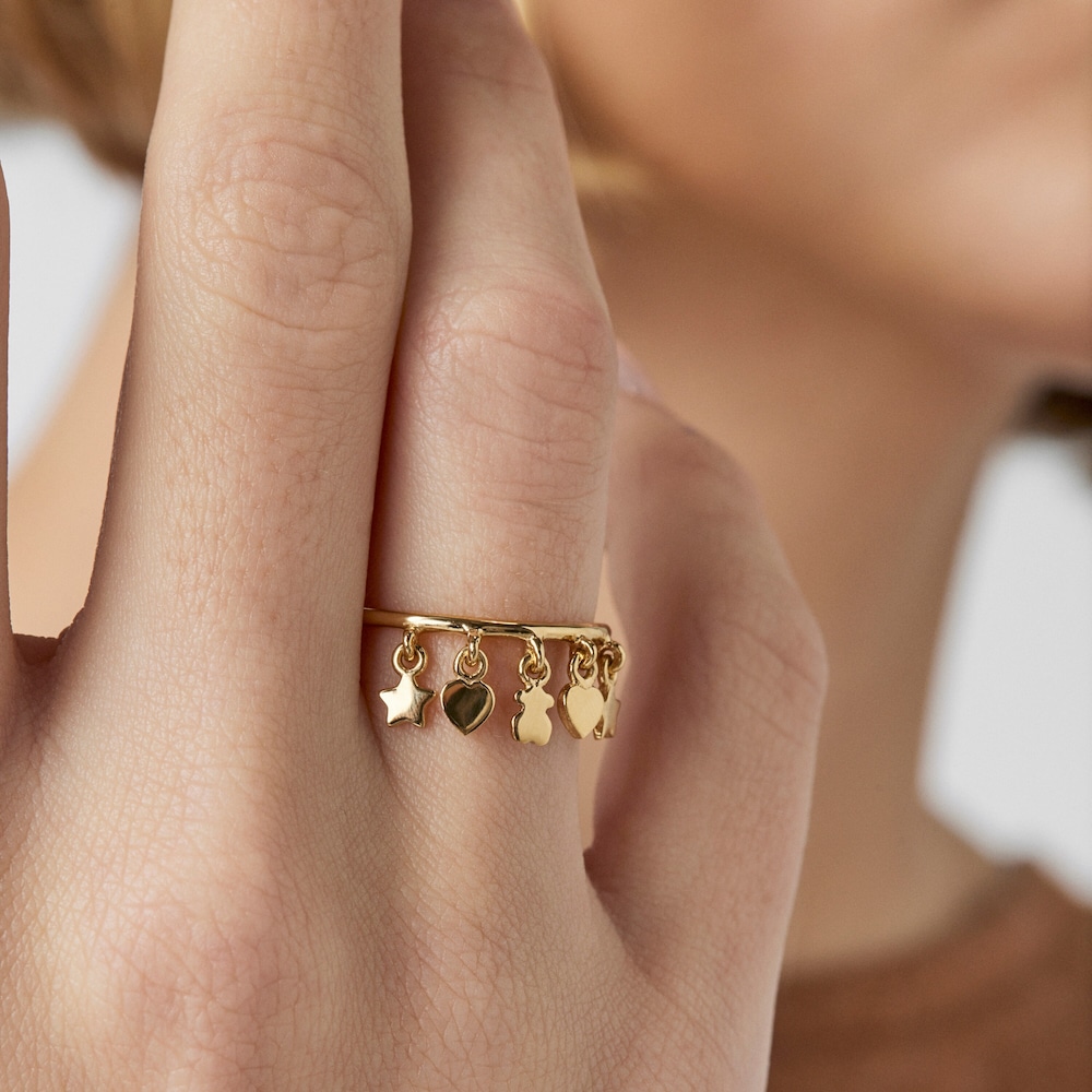 Anillo con ba&ntilde;o de oro 18 kt sobre plata motivos oso, coraz&oacute;n y estrella Cool Joy