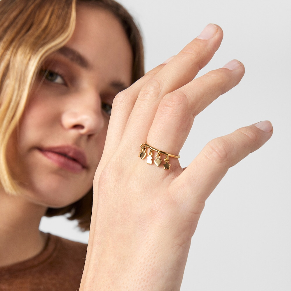 Anillo con ba&ntilde;o de oro 18 kt sobre plata motivos oso, coraz&oacute;n y estrella Cool Joy