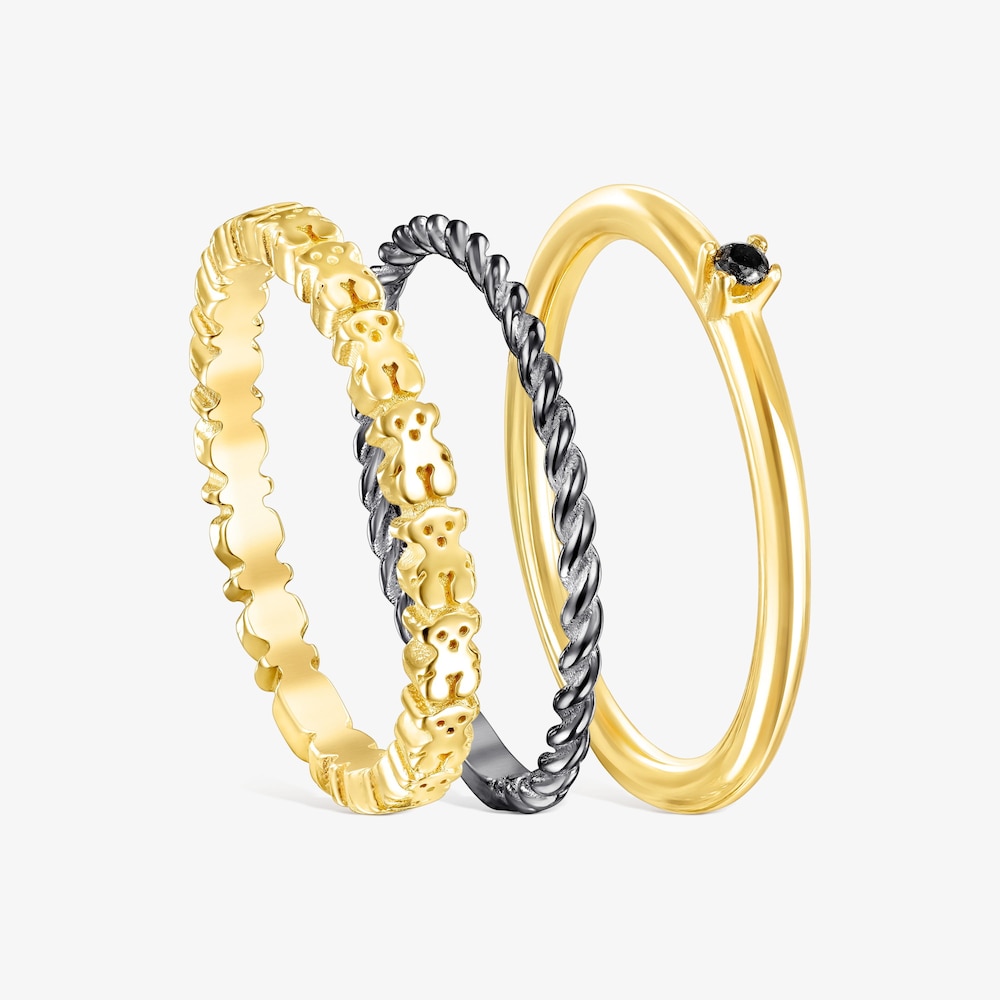 Pack de Anillos con ba&ntilde;o de oro 18 kt sobre plata, plata dark silver y espinela Ring Mix