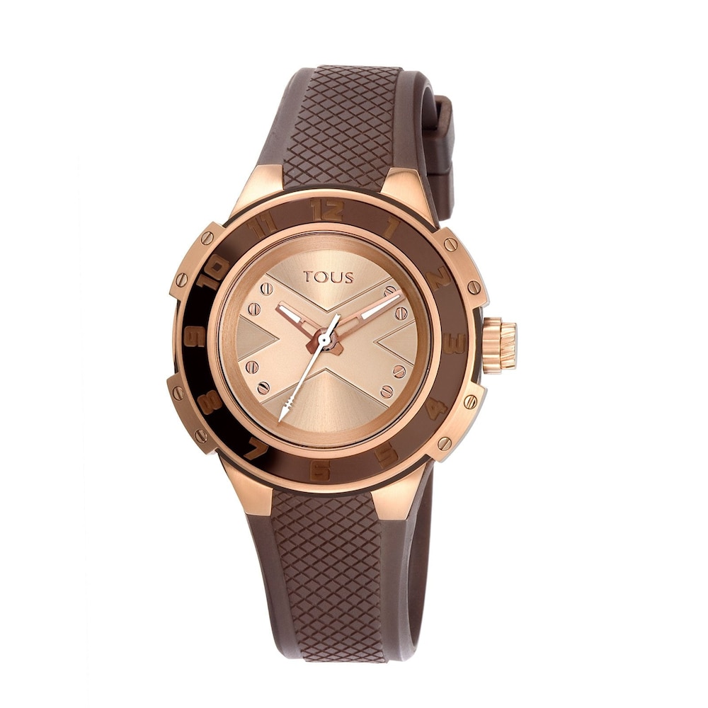 Reloj anal&oacute;gico Xtous Lady bicolor de acero IP rosado/marr&oacute;n con correa de silicona marr&oacute;n