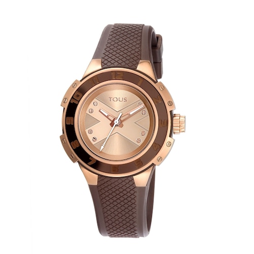 Reloj anal&oacute;gico Xtous Lady bicolor de acero IP rosado/marr&oacute;n con correa de silicona marr&oacute;n