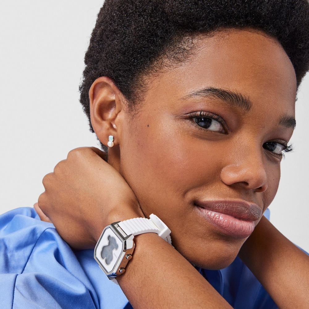 Reloj digital D-Bear Teen de acero con correa de silicona blanca