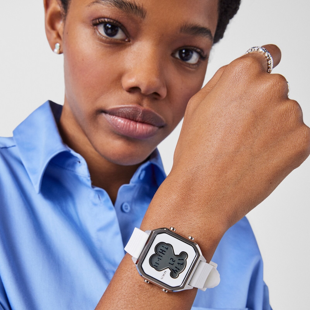Reloj digital D-Bear Teen de acero con correa de silicona blanca