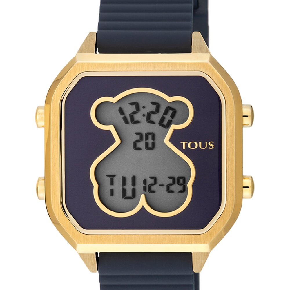 Montre D-Bear Teen en acier IP dor&eacute; avec bracelet en silicone bleu