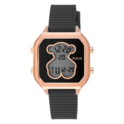 Reloj digital D-Bear Teen de acero IP rosado con correa de silicona negra