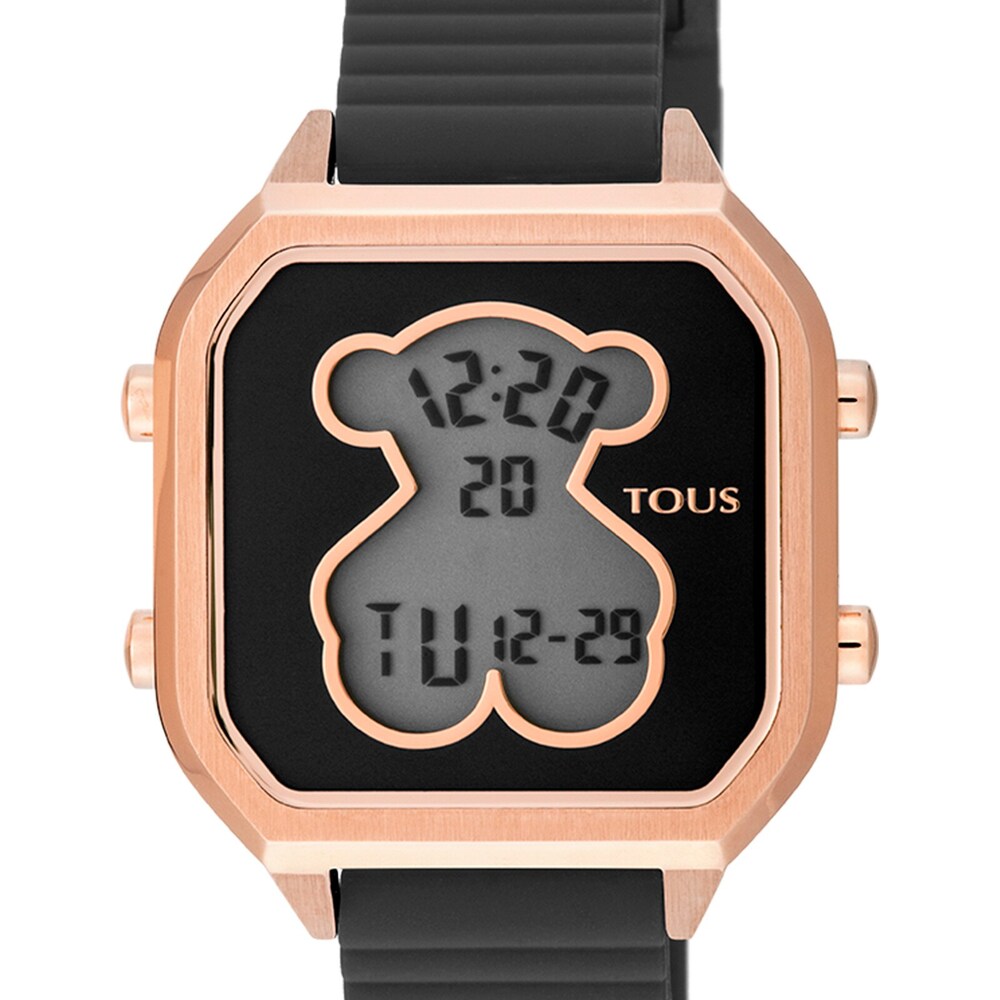 Reloj digital D-Bear Teen de acero IP rosado con correa de silicona negra