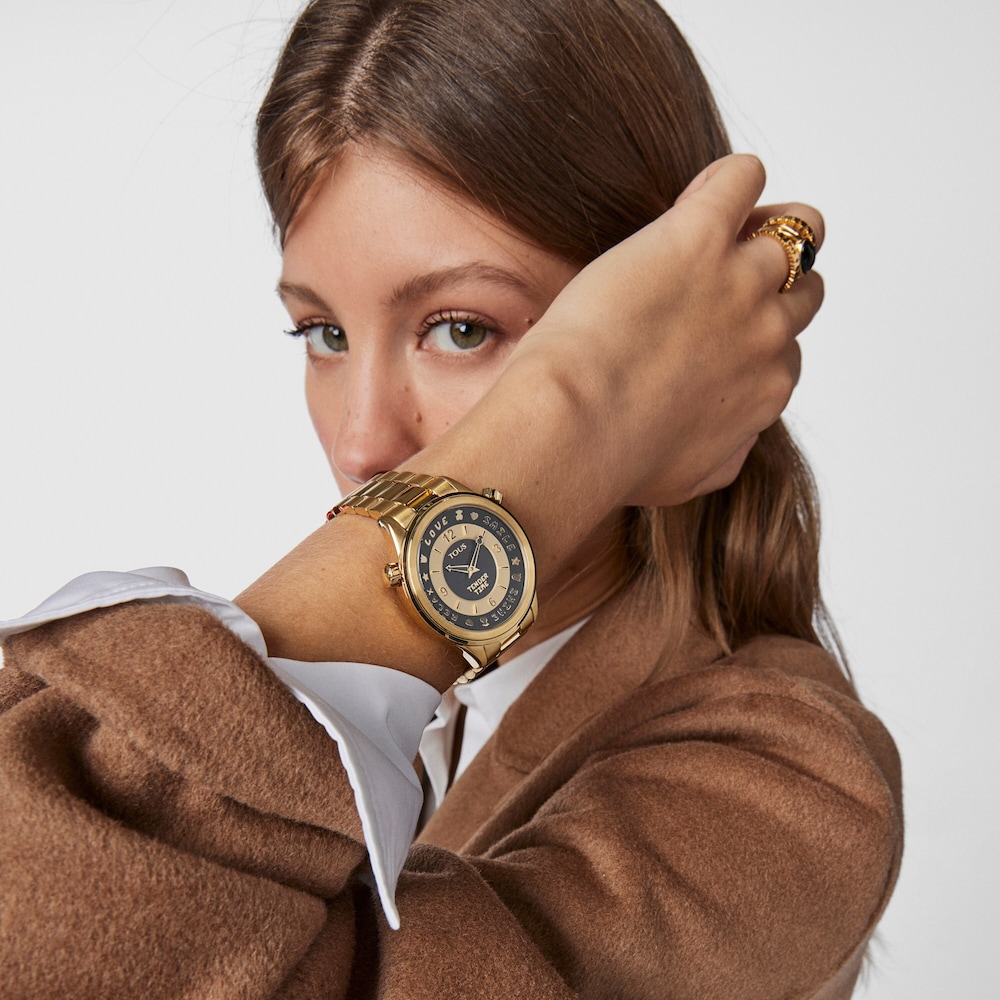 Montre Tender Time en Acier IP dor&eacute; avec lunette tournante