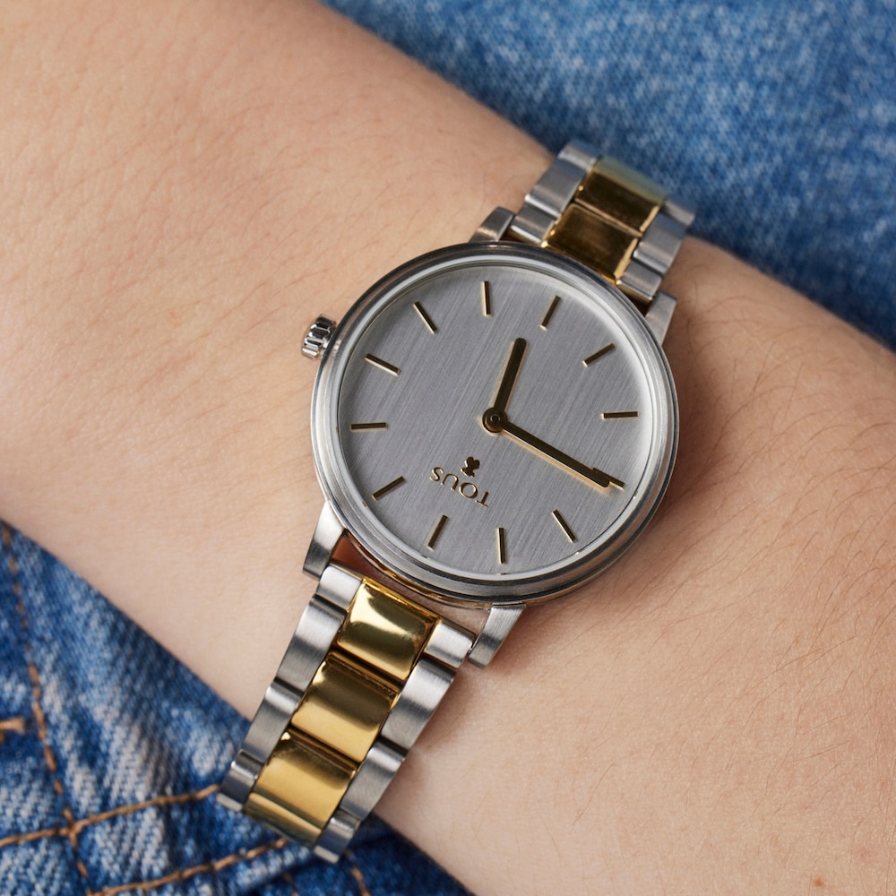 Rel&oacute;gio Rond Straight bicolor em IP dourado/a&ccedil;o