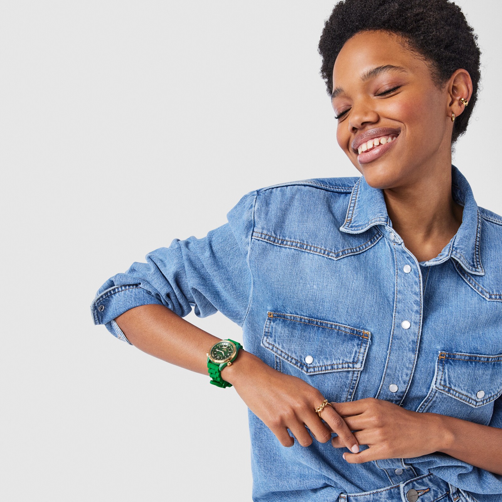 Gold-colored IP steel Tender Time Watch with green silicone strap