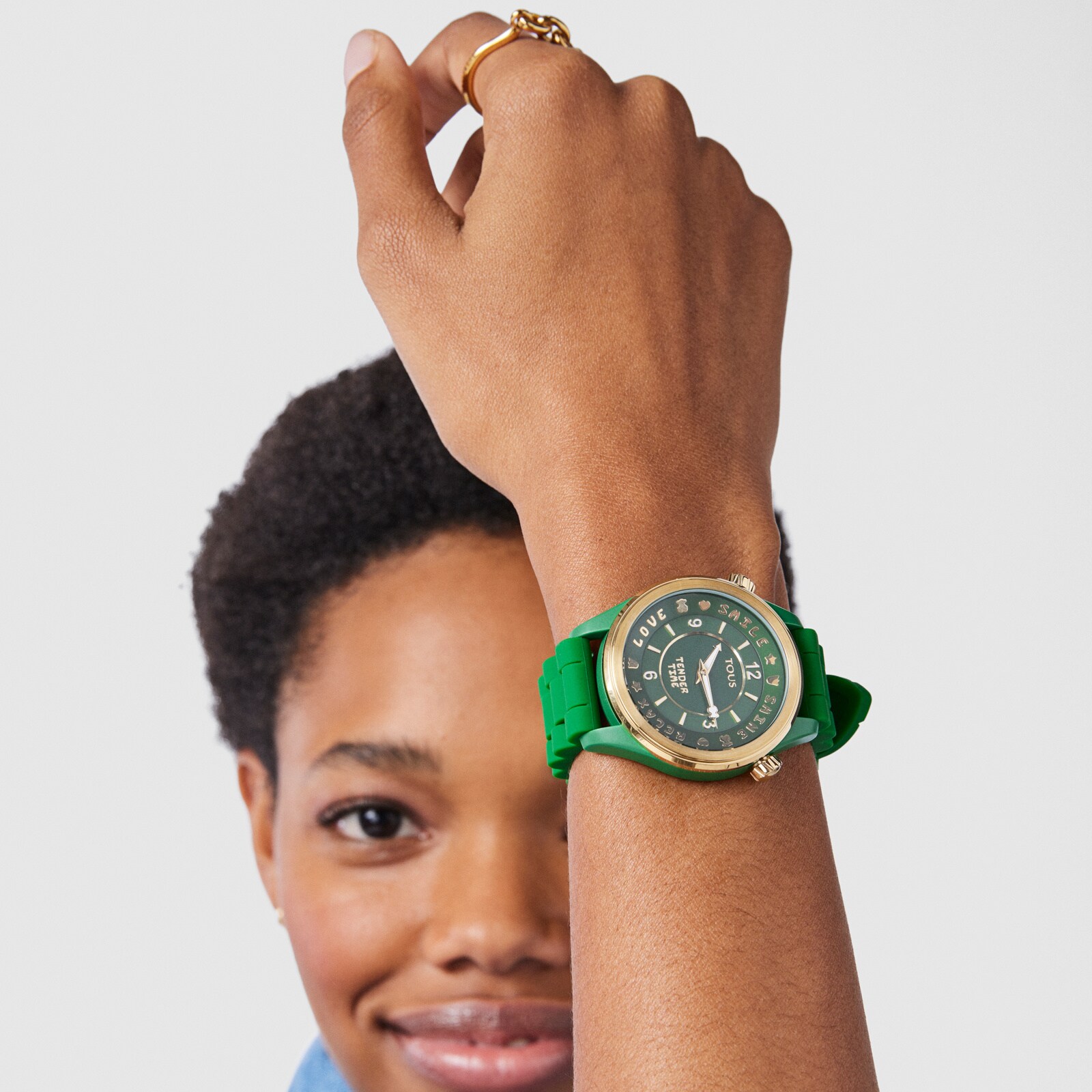 Gold-colored IP steel Tender Time Watch with green silicone strap