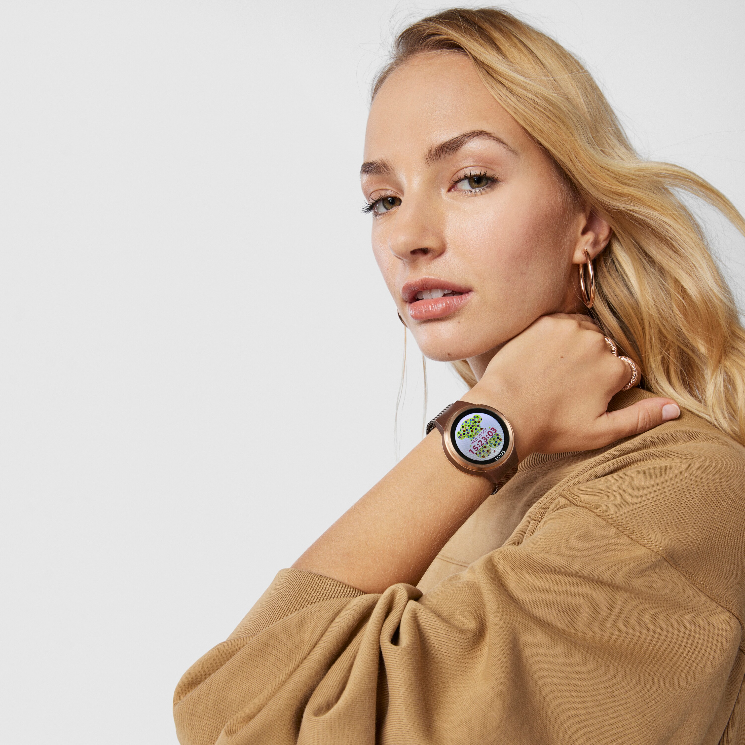 Pink IP steel Rond Connect Watch with mesh strap