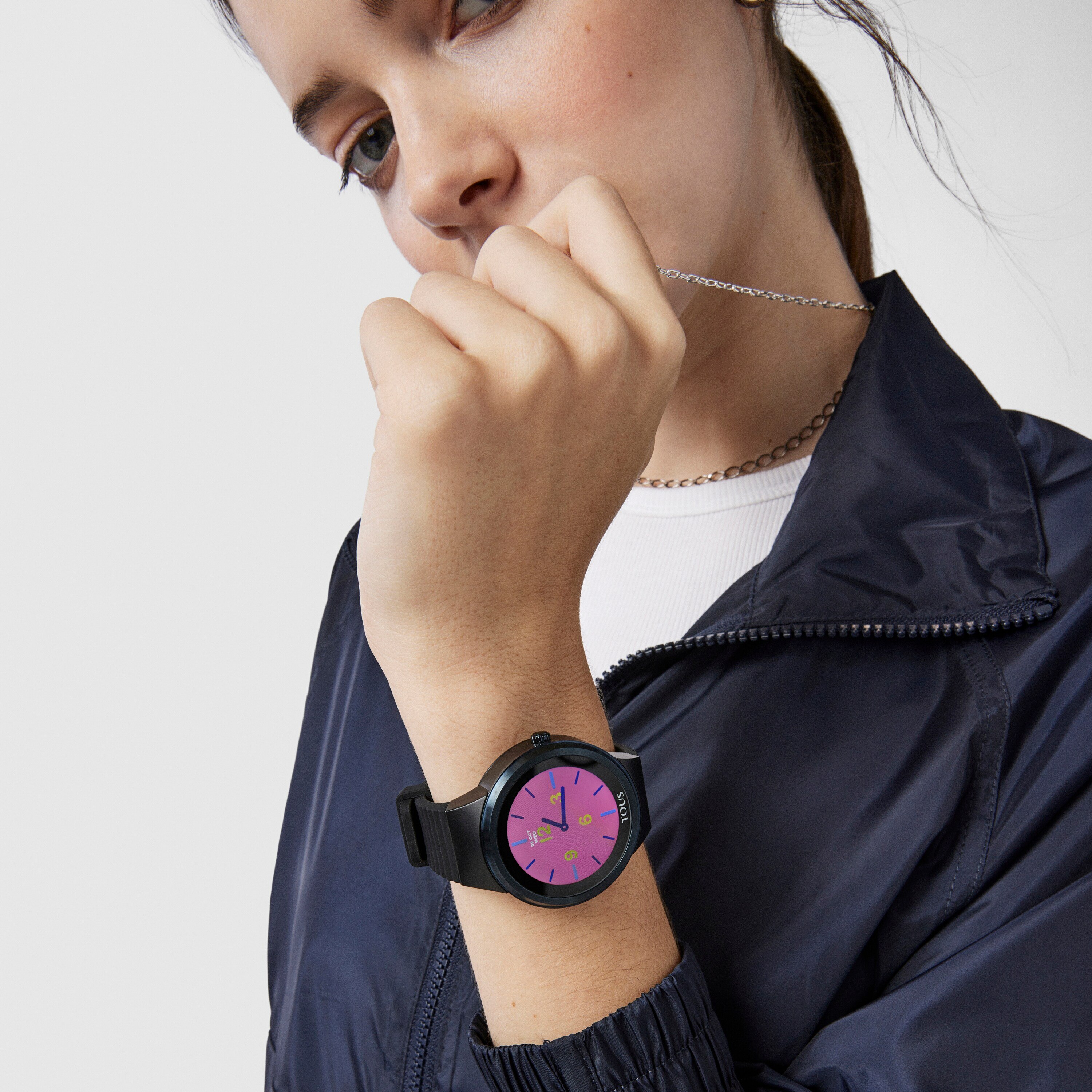 Blue IP steel Rond Connect Watch with black silicone strap