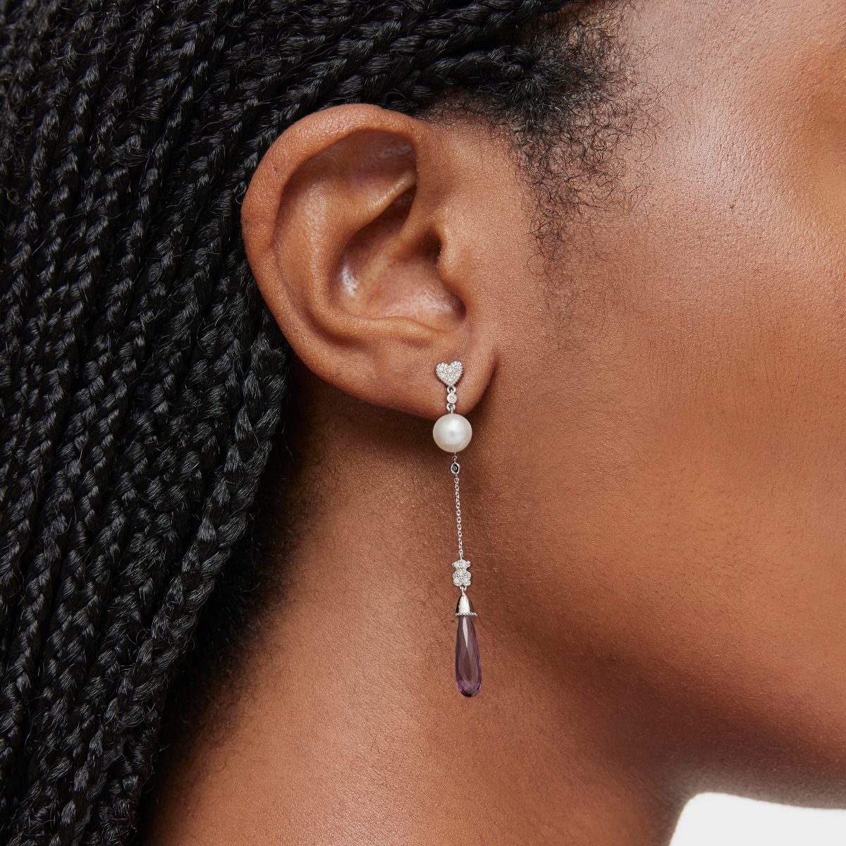 Long white-gold bear Single earring with diamonds and amethyst TOUS Grain
