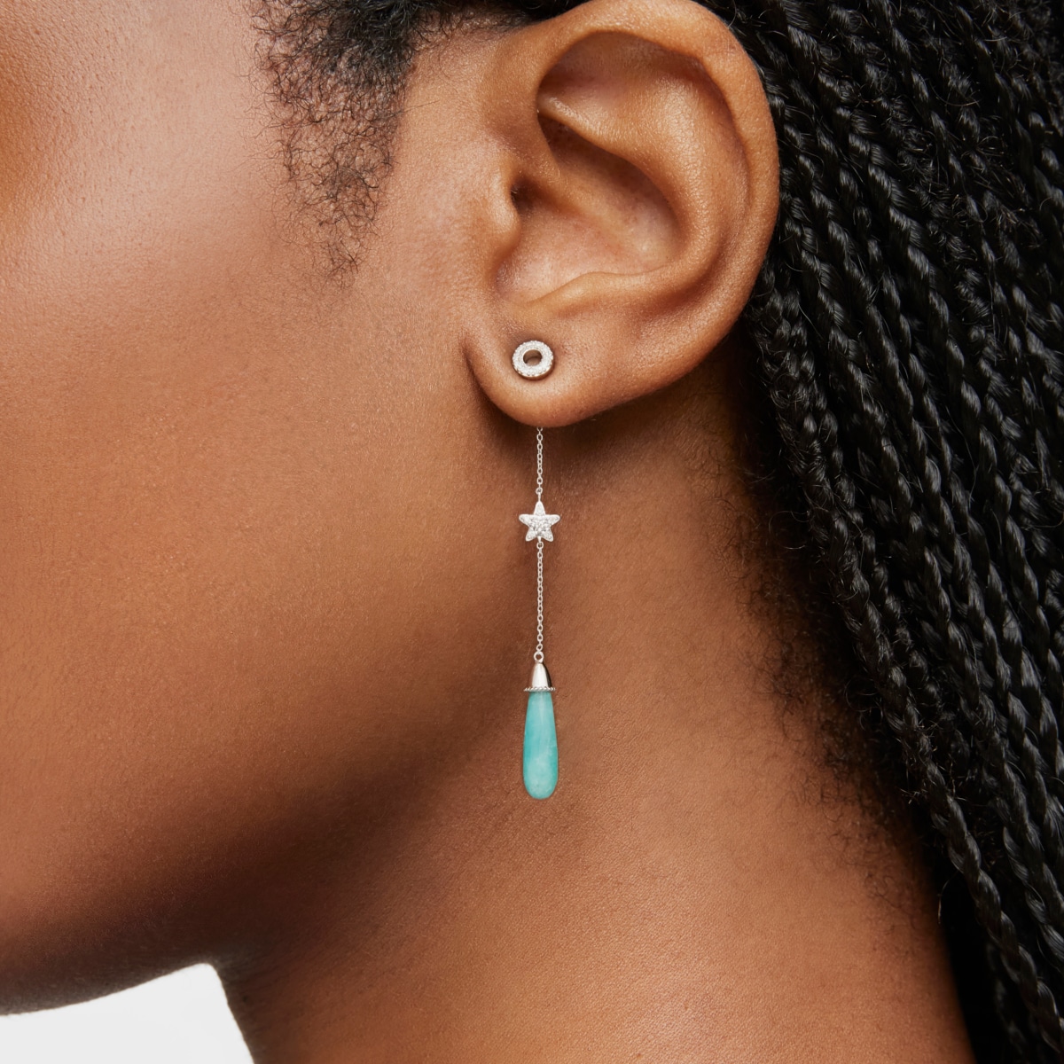 Long white-gold star Single earring with diamonds and amazonite TOUS Grain