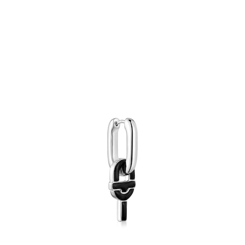 Silver single Hoop earring with black motif pendant TOUS MANIFESTO
