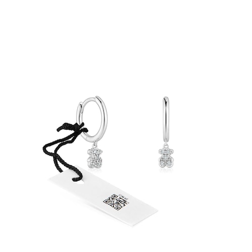 Pendientes de aro cortos oso de oro blanco con diamantes TOUS Grain