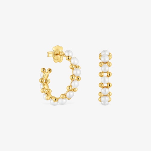 Brincos de argola tripla banhados a ouro de 18&nbsp;K sobre prata e p&eacute;rolas cultivadas Gloss