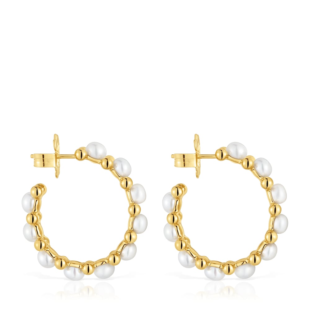 Triple Hoop earrings with 18kt gold plating over silver and cultured pearls Gloss