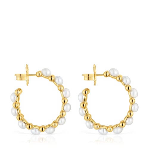 Triple Hoop earrings with 18kt gold plating over silver and cultured pearls Gloss