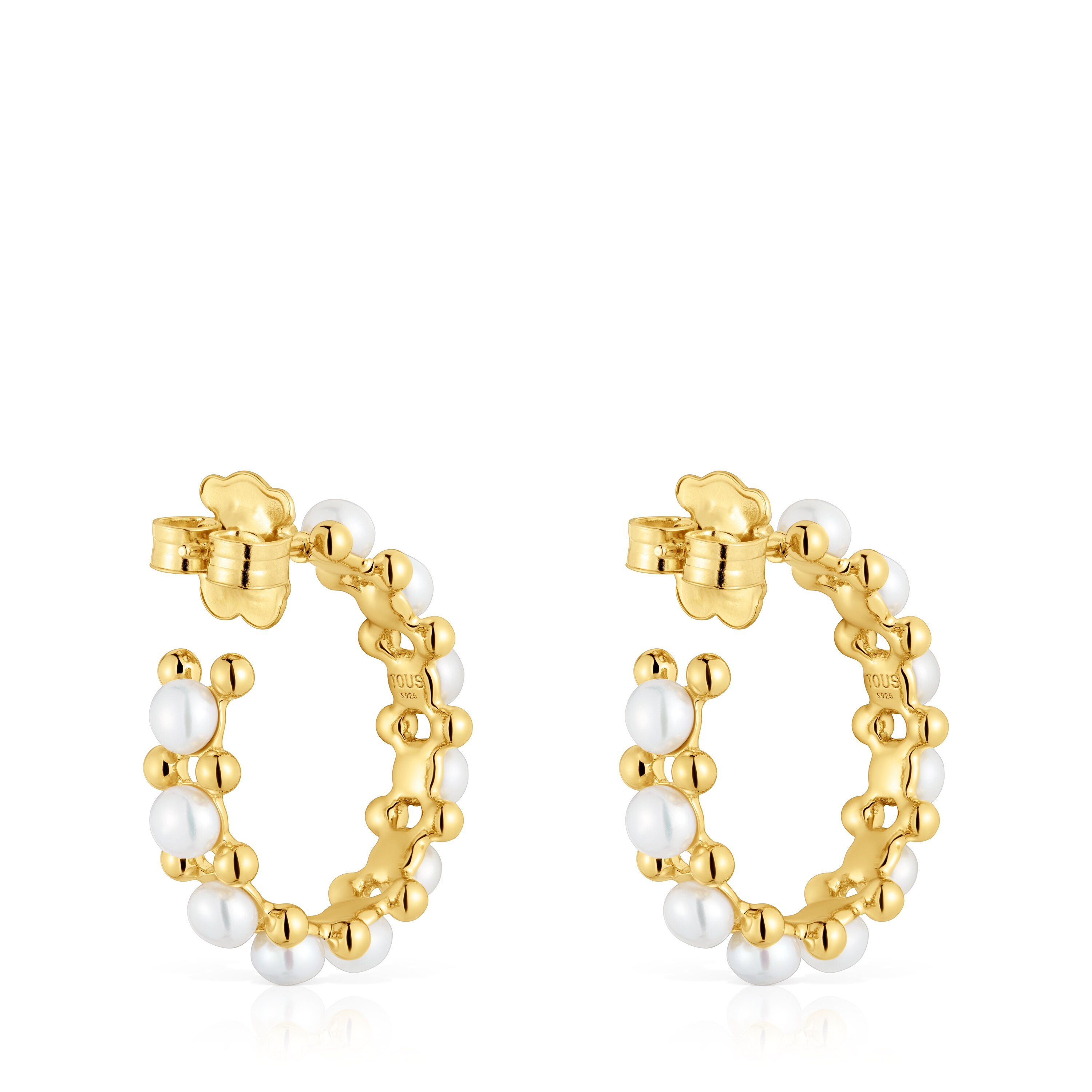 Triple Hoop earrings with 18kt gold plating over silver and cultured pearls Gloss
